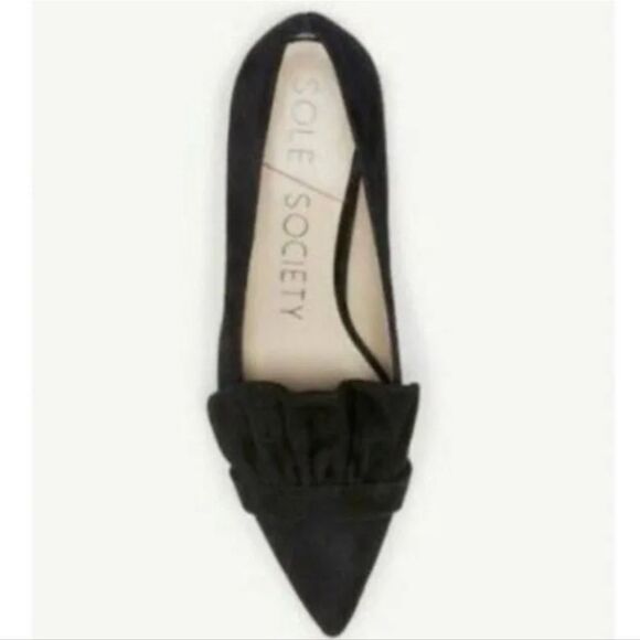 New Sole Society Womens Darbia Shoe Heel Black Suede Ruffle Pointed Toe Lea 6 - Picture 2 of 8
